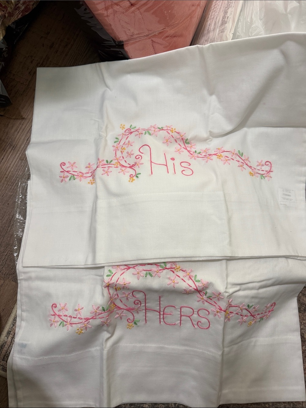 Embroidered 'His' and 'Hers' Pillowcases - White with Pink Floral Embroidery